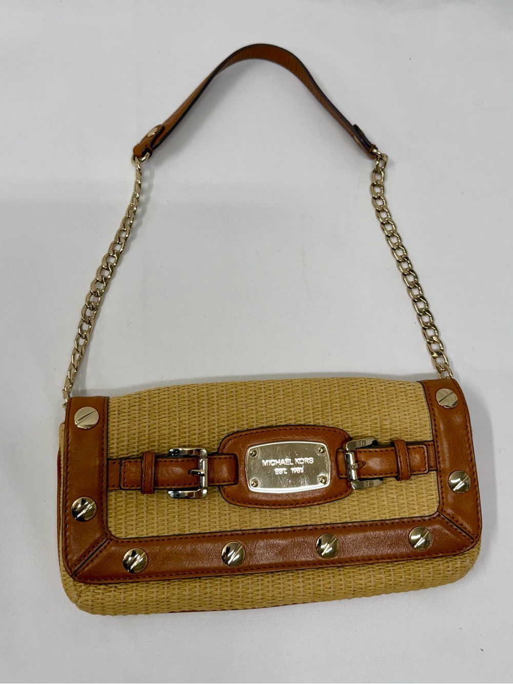 Michael Kors Straw & Leather Shoulder Bag Clutch Purse